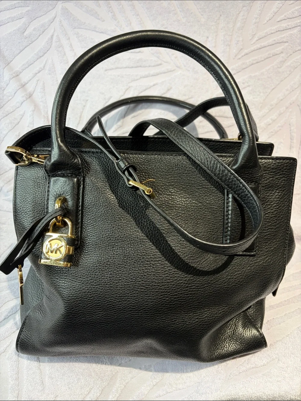 Michael Kors Black Pebbled Leather Satchel with Gold Hardware